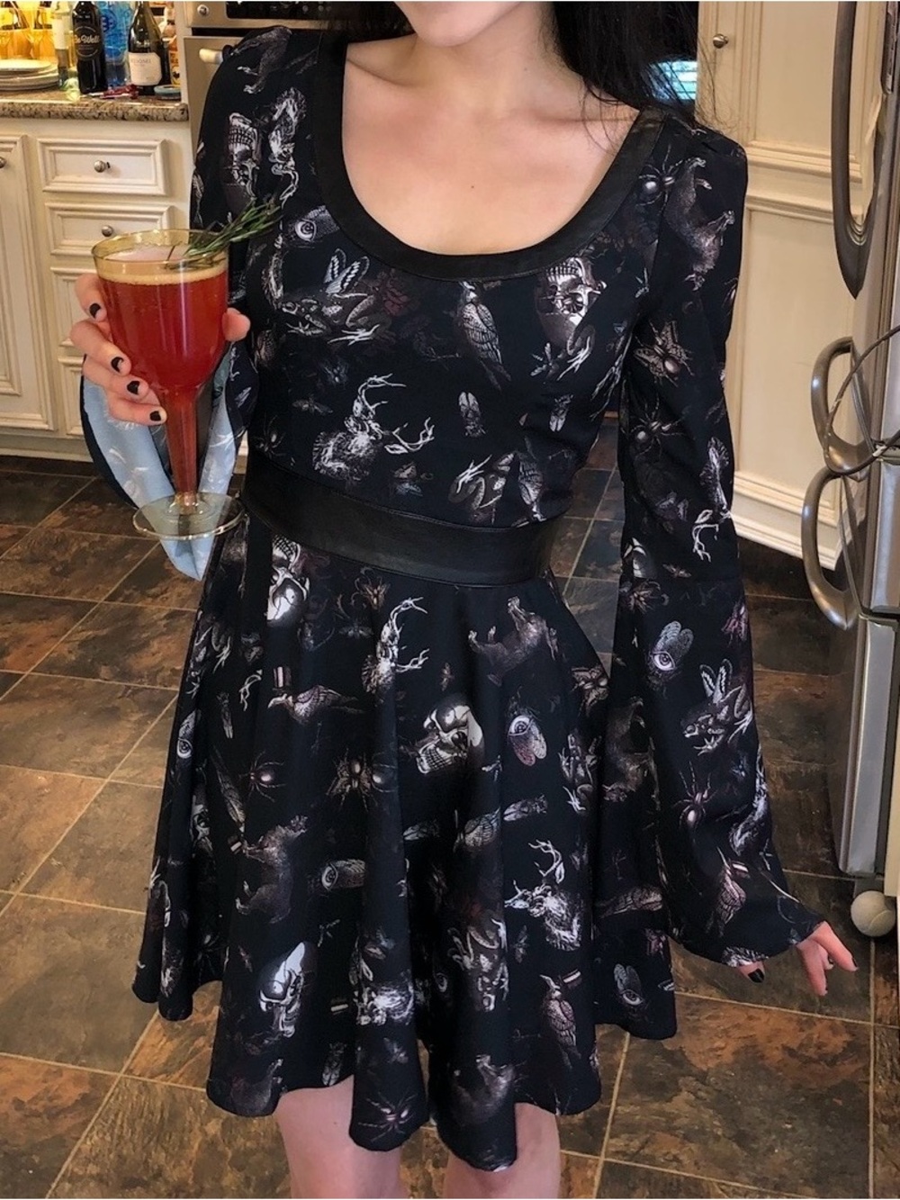 Spin Doctor Taxidermy Gothic Fit-and-Flare Long Sleeve Dress
